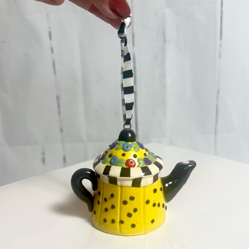 Vintage Mary Engelbreit Collectible Teapot Yellow Polka Dot Ornament 3" Tall